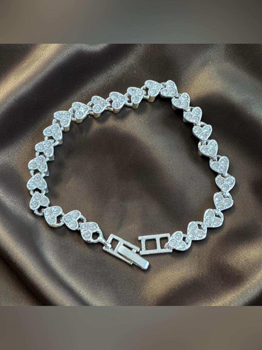 Silver Heart Link Bracelet with Clear Stone Accents